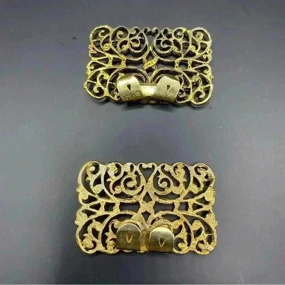 Vintage Gold Tone Square Filigree Shoe Clips Signed Musi - Picture 4 of 8